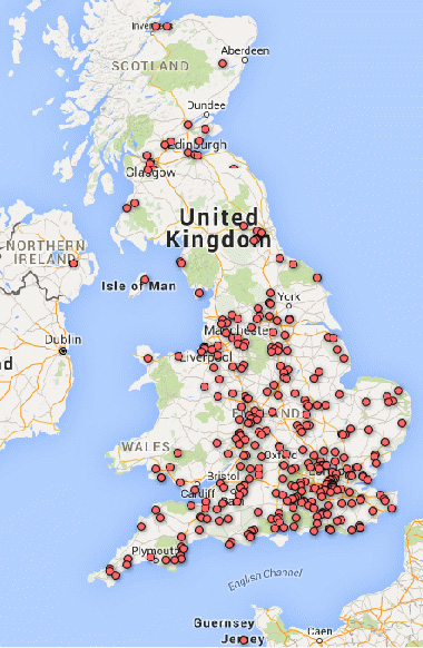 UK map with dots representing some gardening members